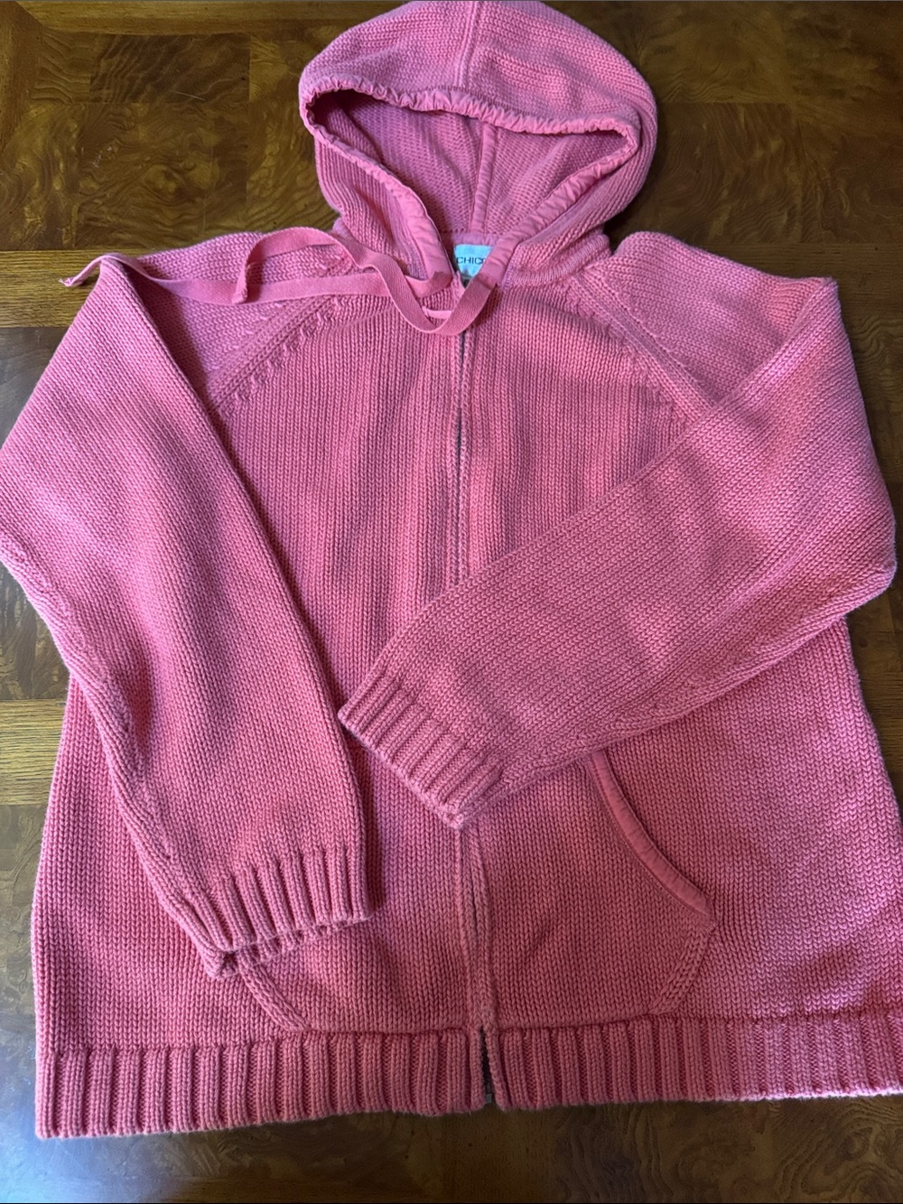 NWOT Chico’s Coral Pink Hooded Zip-Up  Cotton Knit Sweater